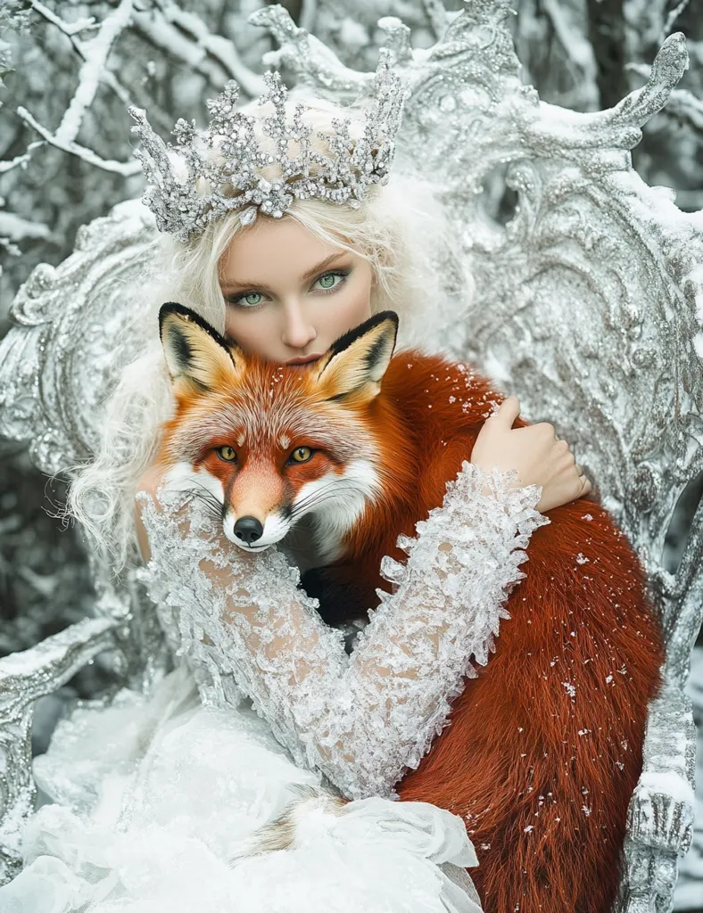 A snow queen, adorned in a silver crown and an ice-crystal embellished white gown, tenderly cradles a vibrant red fox.  Her long, blonde hair cascades around her, framing a serene face.  The backdrop is a wintry scene, with snow-covered branches forming a throne-like structure behind her. The overall aesthetic is one of enchanting fantasy, blending elements of nature and royalty.