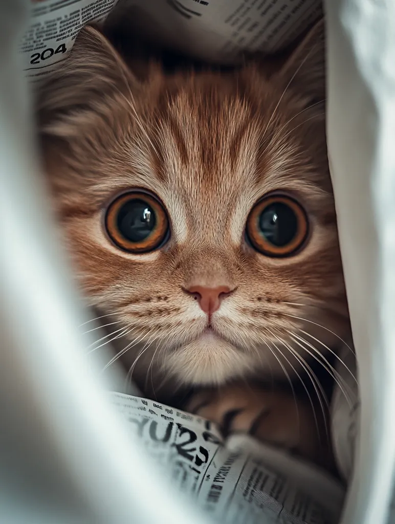 Here's a description of the image:

A close-up shot reveals a ginger kitten nestled within a crumpled newspaper, partially concealed by a soft, light-colored fabric.  Its large, round, orange eyes gaze directly at the camera, conveying a sense of curiosity and perhaps slight apprehension. The kitten's soft, fluffy fur is a rich ginger color, and its delicate whiskers are visible. The newspaper is blurry, providing a contrasting texture to the kitten's smooth fur. The overall mood is one of warmth and intimacy.