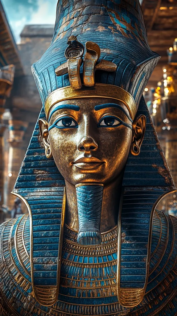A close-up depicts a meticulously detailed statue of an ancient Egyptian pharaoh.  The statue is predominantly gold, with a striking blue and gold headdress (nemes) intricately adorned. The pharaoh's face is serene, with large, expressive eyes, and the details of his jewelry and clothing are sharply defined. The background suggests a grand, ancient setting, possibly a temple or tomb, enhancing the overall majestic and historical ambiance.  The image’s realistic rendering makes the statue appear almost lifelike.