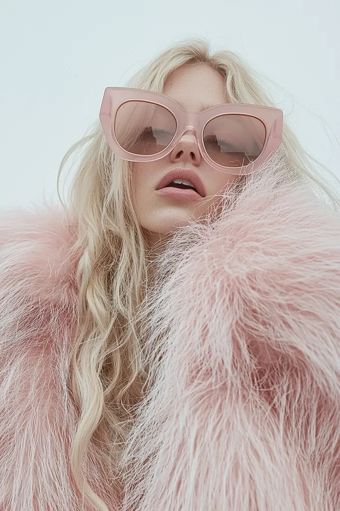 Here's a description of the image:

Close-up view of a blonde woman with long, wavy hair wearing oversized, pale pink cat-eye sunglasses.  She's enveloped in a fluffy, blush-pink fur coat, the texture of which contrasts with the smooth surface of the sunglasses. The overall aesthetic is soft, feminine, and luxurious, with a monochromatic color scheme dominated by various shades of pink. The background is a muted, out-of-focus white. The woman's expression is serene and slightly sultry.