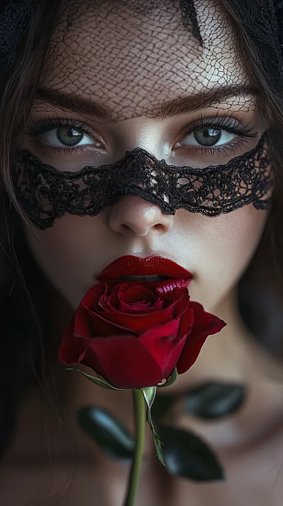 Close-up portrait of a woman with dark hair partially obscured by a black lace veil that covers her eyes.  Her lips are painted a deep red, and she holds a single, vibrant red rose between her lips. The contrast between the dark lace, the rich red rose, and her fair skin creates a dramatic and sensual mood.  The image has a dark, mysterious, and somewhat gothic aesthetic.