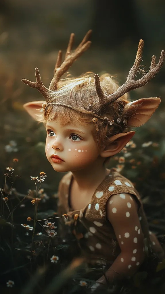 A toddler, with blonde hair and fair skin, is dressed in a fawn costume.  The outfit features a brown, polka-dotted romper and large, faux deer antlers.  White spots are painted on the child's face and arms, completing the whimsical look. The child gazes pensively off into the distance, surrounded by soft-focus greenery and wildflowers. The overall mood is ethereal and magical.