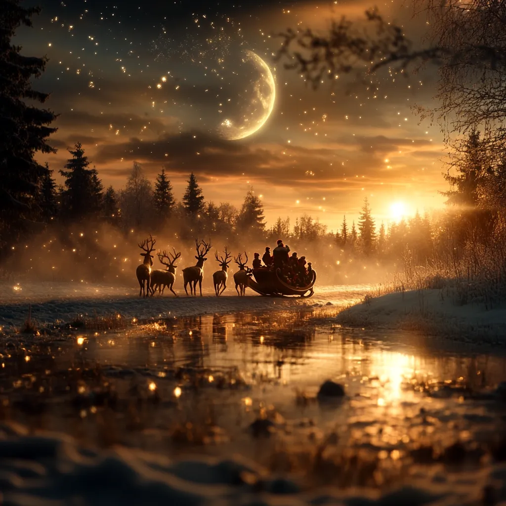 A magical winter scene depicts a sleigh pulled by reindeer traveling through a snow-covered forest.  A large, glowing moon hangs in the twilight sky, speckled with shimmering lights. The figures in the sleigh appear silhouetted, adding to the enchanting, almost ethereal quality of the image. The calm water reflects the warm, golden light of the setting sun and the magical ambiance.  The overall effect is one of serene Christmas wonder.