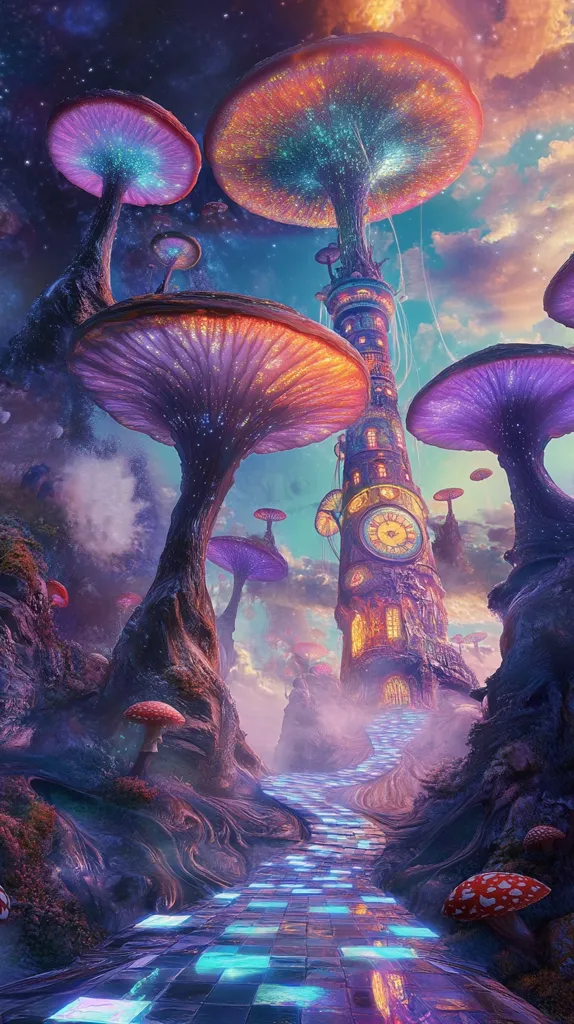 Here's a description of the image:

The artwork depicts a whimsical, surreal landscape dominated by enormous, bioluminescent mushrooms.  Their caps radiate vibrant hues of purple, orange, and pink, and glow with an inner light.  A tall, clock tower-like structure stands at the center, seemingly supported by one of the giant fungi. A path of glowing, checkered tiles winds from the foreground toward the tower, disappearing into a soft, ethereal mist. The overall atmosphere is dreamlike and magical, with a sky filled with swirling colors and distant stars.  Smaller mushrooms and other fantastical elements add depth and detail to this enchanting scene.