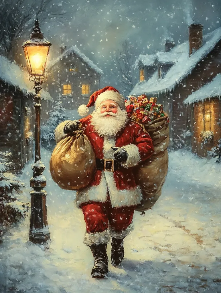 A jovial Santa Claus, his red suit dusted with snow, strides through a quaint, snow-covered village street.  He carries two large burlap sacks overflowing with Christmas presents.  A warm, glowing streetlamp illuminates him as soft snowflakes fall, creating a charmingly festive winter scene. The houses lining the street are cozy and inviting, their windows glowing with warm light.  The overall atmosphere is one of peaceful Christmas magic.