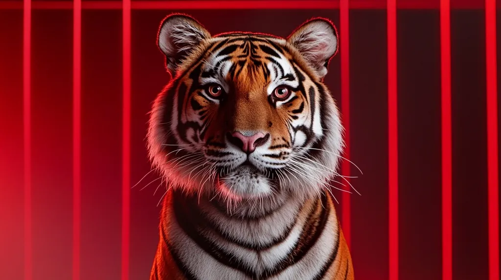 A majestic tiger, its fur a blend of vibrant orange, black, and white stripes, stares directly at the camera.  Its intense gaze is accentuated by the deep red background, created by vertical, glowing lines resembling a cage or bars.  The tiger's fur appears thick and healthy, and its expression is serious yet captivating. The lighting dramatically highlights the animal's features, creating a powerful and slightly ominous mood.
