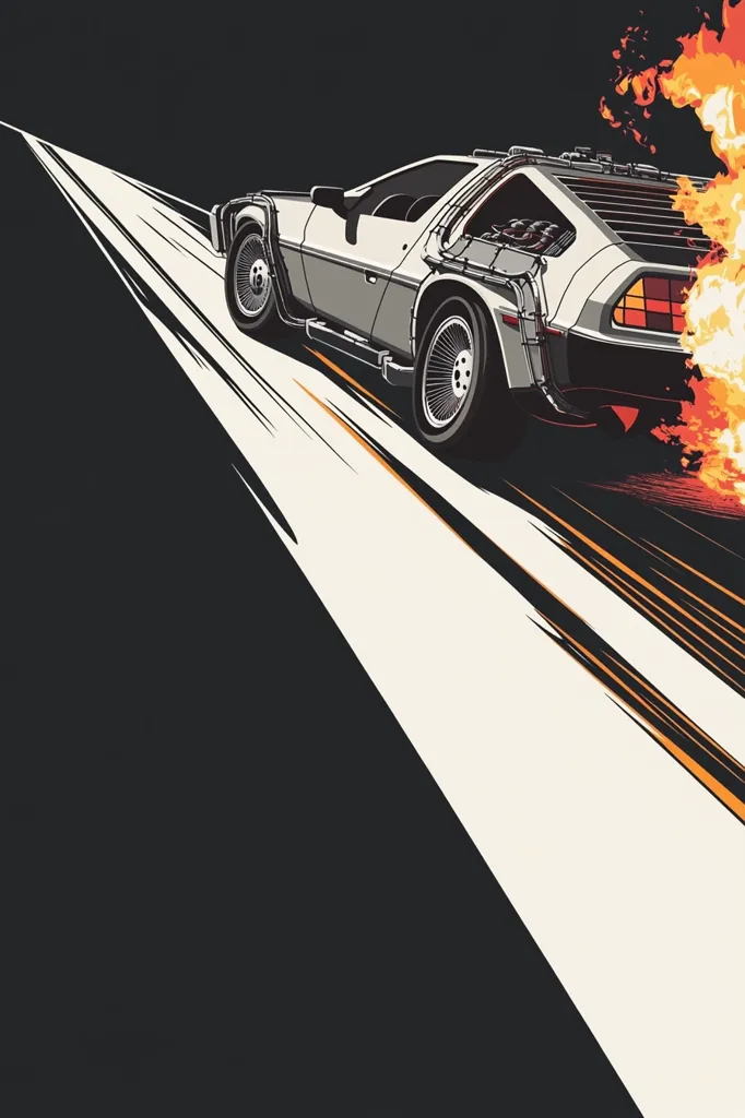 The image is a stylized depiction of a DeLorean time machine from the Back to the Future films.  The car is depicted in a side profile, speeding down a road with motion lines suggesting high velocity.  Flames erupt from its rear, adding to the sense of speed and power. The background is a bold contrast of dark grey and off-white, creating a dynamic and eye-catching composition. The overall style is reminiscent of a poster or graphic novel artwork.