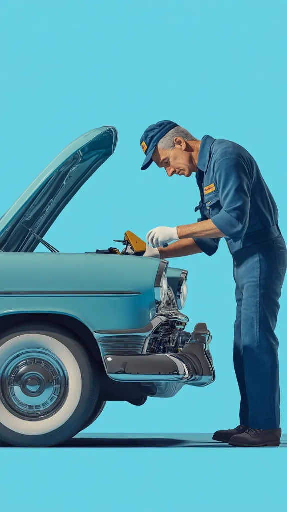 A stylized illustration shows a senior male mechanic in a blue uniform and cap meticulously inspecting a vintage light-blue car. The car's hood is open, revealing the engine. The mechanic, wearing white gloves, leans over the engine compartment, his focus intense. The background is a solid, light-blue, creating a clean, retro aesthetic reminiscent of mid-20th-century advertising art. The image conveys a sense of expertise, precision, and nostalgia.