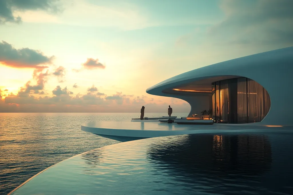 Here's a description of the image:

The image showcases a breathtaking modern home, seemingly perched on the ocean's edge at sunset.  Its sleek, white, organic architecture curves gracefully, extending out over the water. An infinity pool seamlessly blends with the ocean, creating a stunning visual effect. Two figures stand on the deck, silhouetted against the warm sunset hues. The interior of the home, glimpsed through large windows, is warmly lit, hinting at luxury and comfort. The overall impression is one of serene elegance and opulent seclusion.