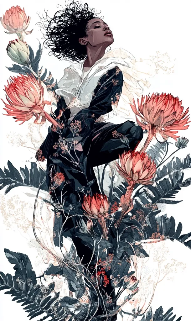 Here's a description of the image:

The illustration showcases a stylized Black woman with dark, curly hair, seemingly merging with a profusion of dark teal and muted red protea flowers.  She's depicted in a flowing, dark garment that blends seamlessly with the floral arrangement. The woman's eyes are closed, suggesting serenity or contemplation. The overall style is a blend of fashion illustration and botanical art, creating a dreamy, almost ethereal atmosphere against a white background. The contrast between the woman's dark skin and the muted flower tones is striking.  The piece feels both modern and evocative.