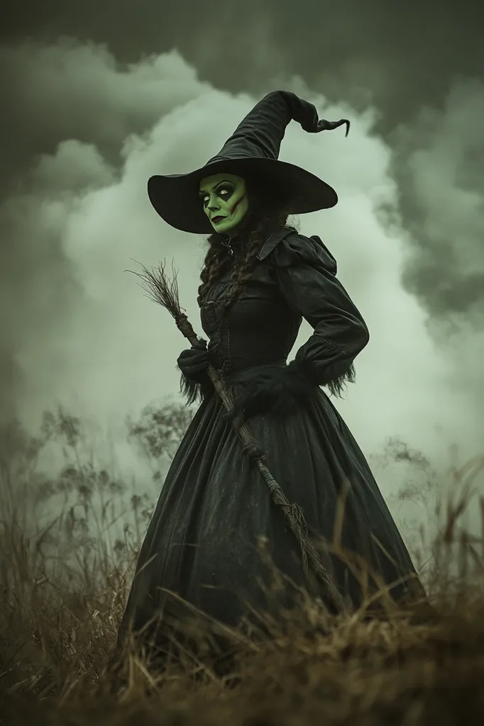 A witch, her face painted a sickly green, stands in a desolate field under a stormy sky.  She's dressed in a long, dark gown and a pointed black hat, clutching a broomstick.  The overall mood is dark and mysterious, evoking a sense of foreboding and classic Halloween imagery. The contrast between her vibrant green skin and the muted browns and grays of the landscape emphasizes her otherworldly presence. The image is stylized, with a focus on atmospheric detail and dramatic lighting.