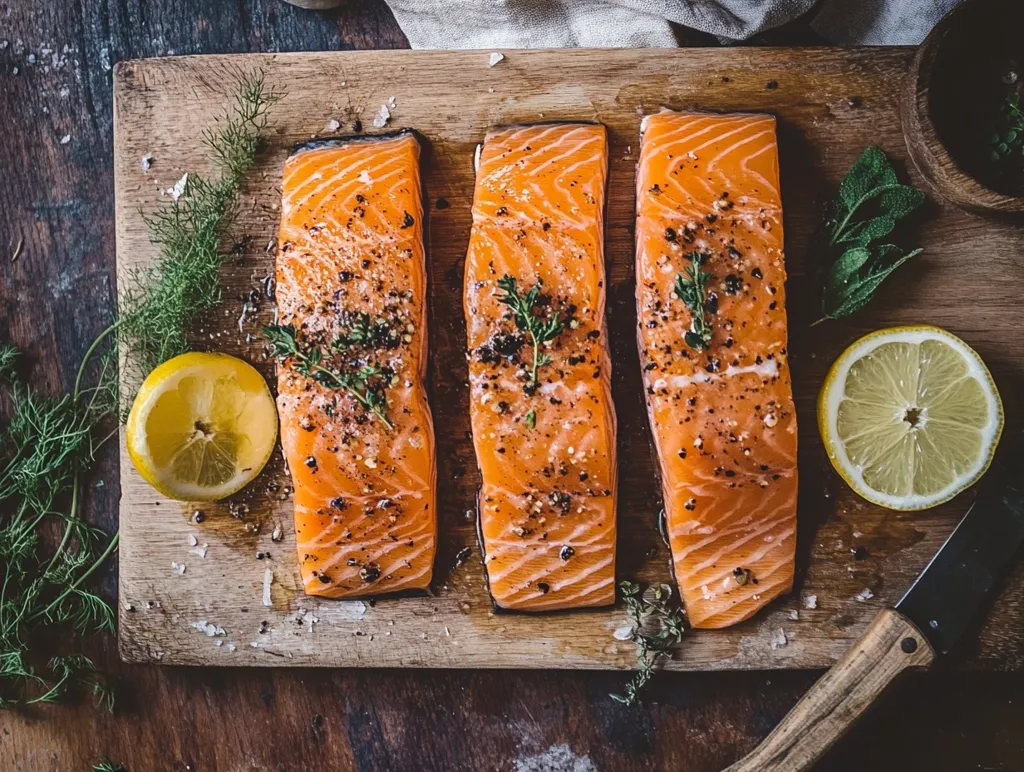 Three salmon fillets, seasoned with herbs and spices, rest on a rustic wooden cutting board.  Lemon slices and fresh herbs, including dill and sage, garnish the arrangement.  A knife is partially visible in the lower right corner, suggesting preparation for cooking. The overall scene is one of simple, elegant food presentation. The warm tones of the wood and the vibrant orange of the salmon create a visually appealing image.