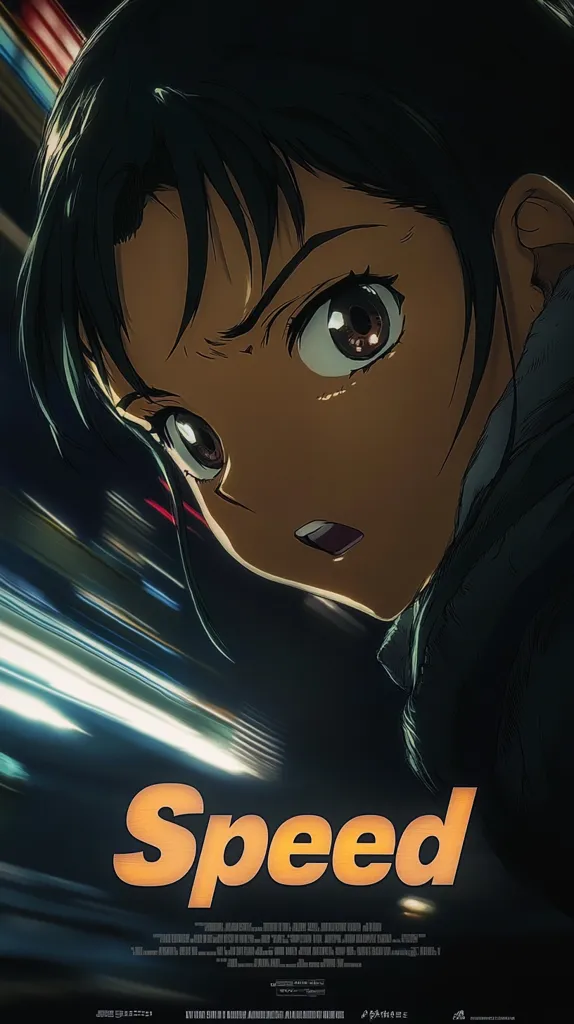 Here's a description of the image:

The poster features anime-style artwork of a young woman's face, partially obscured by motion blur suggesting high speed. Her expression is one of intense focus or surprise.  The background is a dark cityscape with streaks of light indicative of fast movement, reinforcing the sense of speed. The title "Speed" is prominently displayed in a stylized, orange font. The overall style is dark, dramatic, and suggestive of an action-packed anime film.  Credits and logos are visible at the bottom.