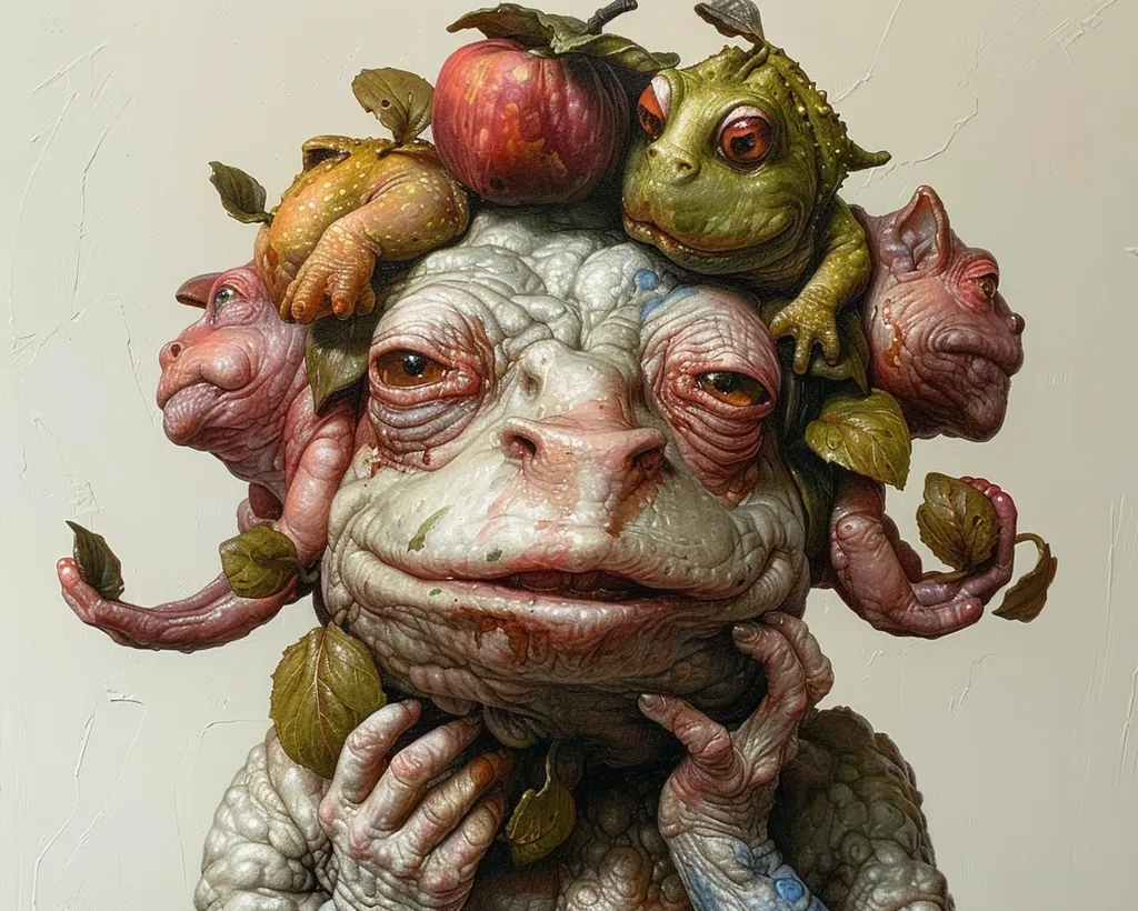 A detailed, close-up depiction of a fantastical creature.  Its central head is amphibian-like, with wrinkled skin and large, expressive eyes.  Surrounding this main head are three smaller, toad-like figures perched amidst leaves and a ripe red apple.  The creature's hands are clasped delicately beneath its chin. The overall style is hyperrealistic, capturing the texture and detail of the skin and foliage with remarkable precision. The color palette is muted, earthy tones with pops of red from the apple.