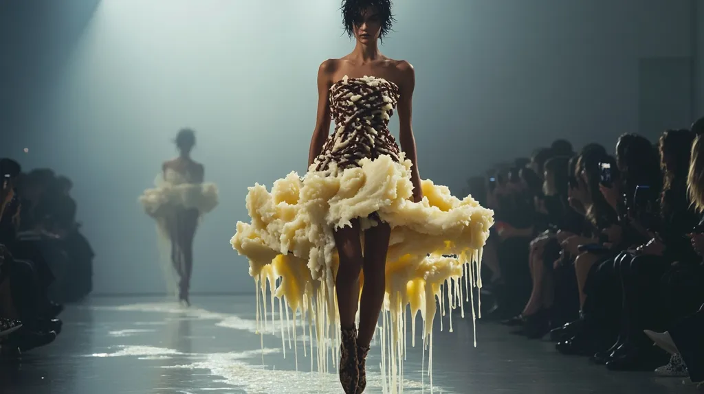 A runway model confidently strides down the catwalk, showcasing an avant-garde creation.  The dress, a striking juxtaposition of structured bodice and voluminous, dripping skirt, resembles melting candle wax or whipped cream.  Its unusual texture and form draw the eye, contrasting with the dark, shadowy audience observing from the sidelines.  The overall effect is dramatic and surreal, a statement piece pushing the boundaries of fashion.