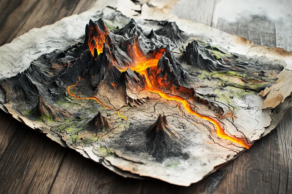 Here's a description of the image:

The image shows a meticulously crafted 3D model of a volcanic landscape, appearing as if sculpted onto a weathered, parchment-like surface.  Molten lava, rendered in vibrant orange, flows like a river through a craggy, dark grey and black volcanic terrain.  The texture is highly realistic, mimicking the rough surfaces of volcanic rock and the cracked earth.  The parchment shows signs of age and wear, enhancing the overall sense of an ancient, possibly mythical, map. The whole piece rests on a dark wooden surface.