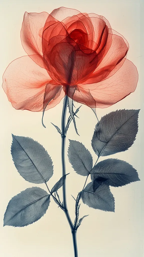 Here's a description of the image:

The image presents a striking, artistic depiction of a rose. The rose itself is rendered in translucent, reddish tones, giving it an almost ethereal quality, as if backlit or X-rayed.  Its delicate petals and internal structure are clearly visible. The stem and leaves, in contrast, are depicted in a desaturated, grayish-blue hue, providing a strong visual counterpoint to the vibrant rose. The background is a soft, off-white, further emphasizing the flower.  The overall style suggests a botanical illustration or a piece of fine art using a unique photographic technique.