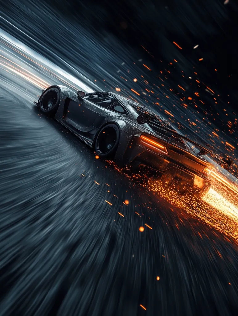 A sleek, dark-grey sports car is captured mid-drift, its tires leaving a trail of sparks against a blurred background. The motion blur suggests extreme speed, while the sparks add a dramatic flair. The car's design is futuristic and aerodynamic, emphasizing its powerful performance.  The dark, nighttime setting and streaking lights intensify the feeling of exhilarating speed and controlled chaos.