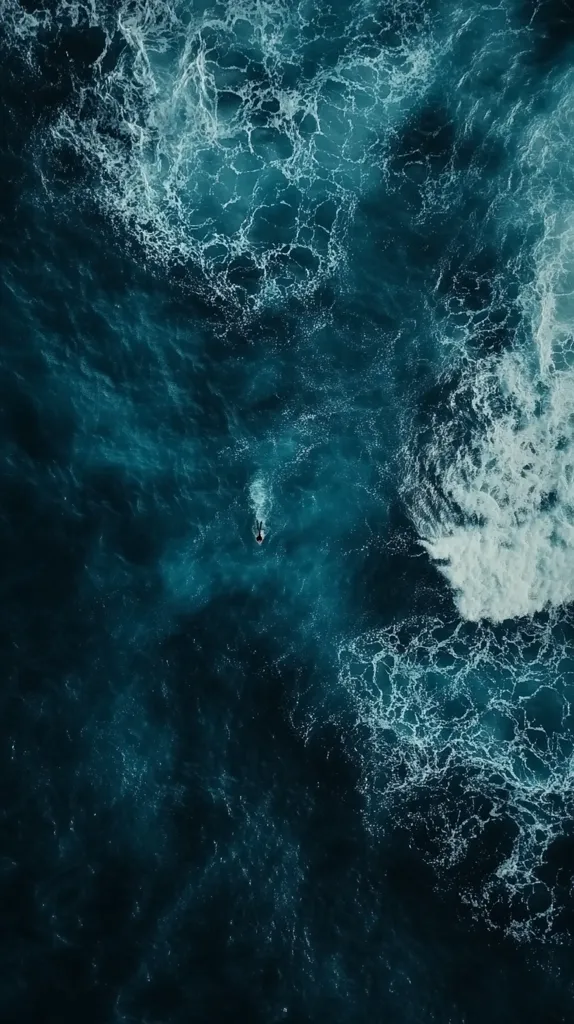 Here is a description of the image:

An aerial shot captures a person seemingly floating in the deep ocean, a tiny figure amidst a vast expanse of dark teal water.  Whitecaps and frothy waves create a stark contrast against the deep blue, their patterns resembling a complex network of veins across the surface.  The overall mood is one of isolation and the immense power of nature, emphasizing the smallness of humanity against the scale of the ocean.