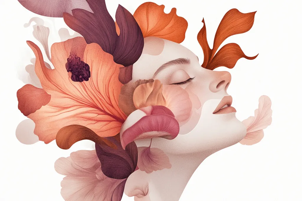 Here's a description of the image:

The illustration depicts a woman's face in profile, eyes closed serenely. Her skin is pale and smooth, blending seamlessly with a profusion of stylized flowers and foliage in muted orange, pink, and burgundy hues.  The floral elements appear almost organically integrated with her features, creating a surreal, ethereal effect. The overall style is painterly and soft, suggesting tranquility and beauty.  The background is pure white, focusing attention on the harmonious blend of the woman and the floral composition.