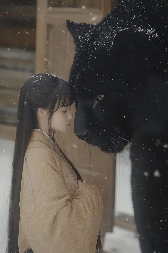A young woman, dressed in a tan, intricately patterned robe, stands close to a large black panther.  Snow gently falls around them, dusting both the woman's hair and the panther's fur.  Their faces are near, suggesting a connection. The background is blurred, focusing attention on the intimate moment between the girl and the majestic animal. The scene evokes a sense of mystery and quiet companionship.
