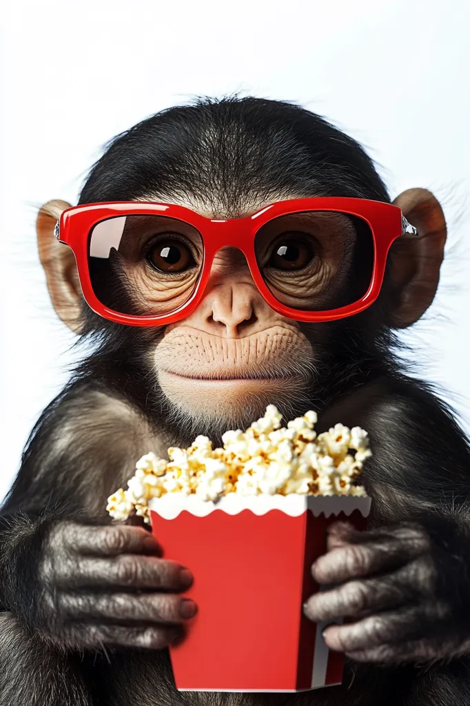 Here's a description of the image:

Close-up view of a young chimpanzee wearing bright red, oversized sunglasses. The chimp is holding a red container of popcorn, looking directly at the viewer with a seemingly contented expression. The background is pure white, emphasizing the chimp and its accessories.  The image is playful and suggests the concept of a monkey enjoying a movie experience. The overall feel is lighthearted and humorous.