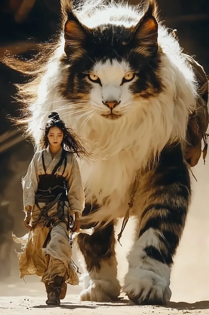 A young woman in flowing, earth-toned robes walks beside an enormous Maine Coon cat. The cat, rendered with fantastical size and detail, possesses a powerful, almost regal presence. Its fur is a mix of brown, black, and white, billowing slightly in an unseen breeze. The woman's expression is serious and focused, suggesting a journey or shared purpose. The overall scene is dramatic, blending fantasy with realism, perhaps hinting at a magical or mythical narrative.  The setting appears to be a desert or arid landscape.
