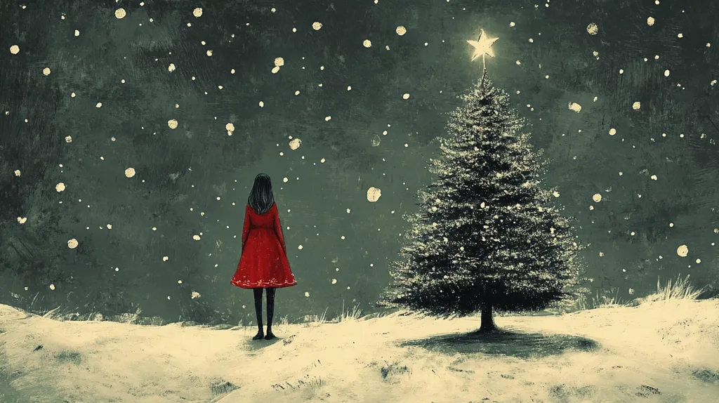 A solitary figure, a young woman in a red dress, stands in a snowy landscape, her back to the viewer. She gazes toward a Christmas tree adorned with a star, under a softly falling snow. The scene is painted in muted, nostalgic tones, evoking a sense of quiet contemplation and perhaps gentle loneliness during the holiday season.  The overall mood is peaceful yet melancholic.