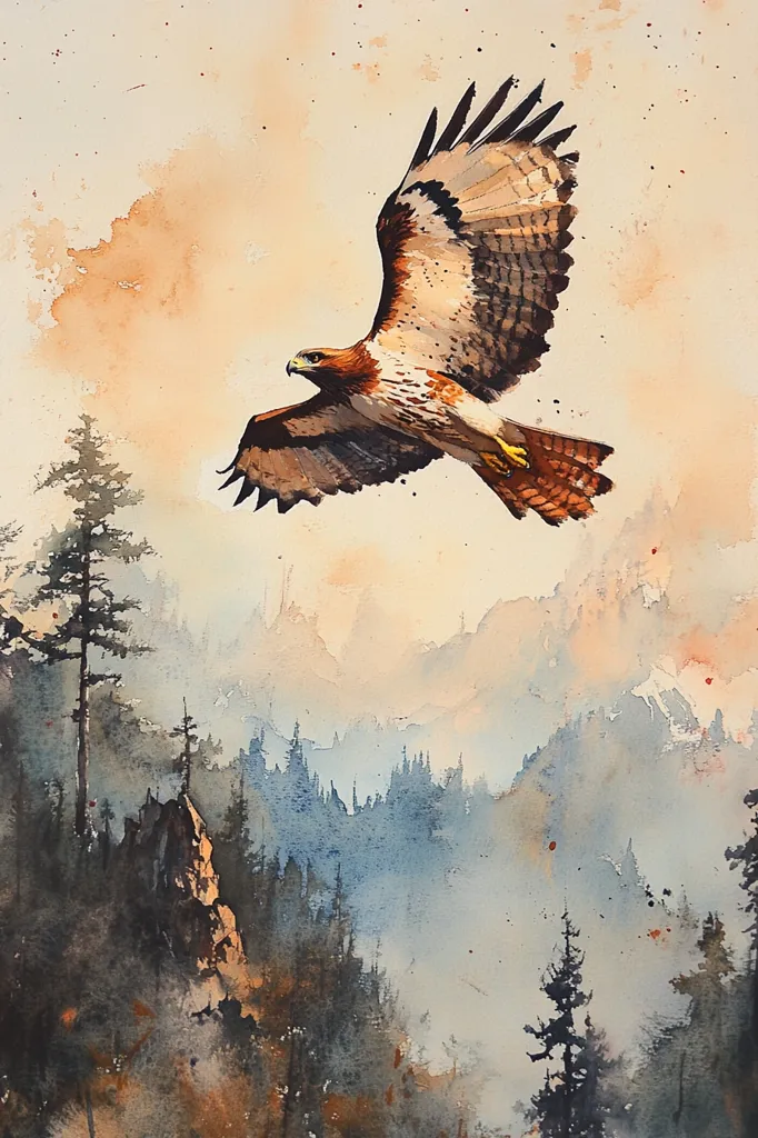 A watercolor painting depicts a red-tailed hawk in mid-flight, its wings spread wide against a hazy, mountainous landscape. The hawk is rendered with detail, showcasing its brown and reddish-orange plumage.  The background features a misty valley with dark evergreen trees clinging to the slopes, creating a sense of depth and tranquility. The warm, muted tones of the sky and landscape complement the hawk’s coloration, evoking a serene and majestic atmosphere. The overall style is impressionistic, focusing on capturing the mood and essence of the scene.