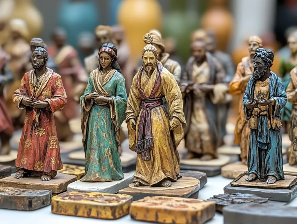 Here's a description of the image:

The photograph shows a collection of intricately detailed figurines, possibly representing historical or religious figures.  They are dressed in vibrant, richly colored robes and garments reflecting various cultures.  The figures are arranged on small, square bases made of a dark, textured material, and some are partially obscured by others.  The background is blurred, suggesting a market or display setting. The overall impression is one of artistry and historical representation.