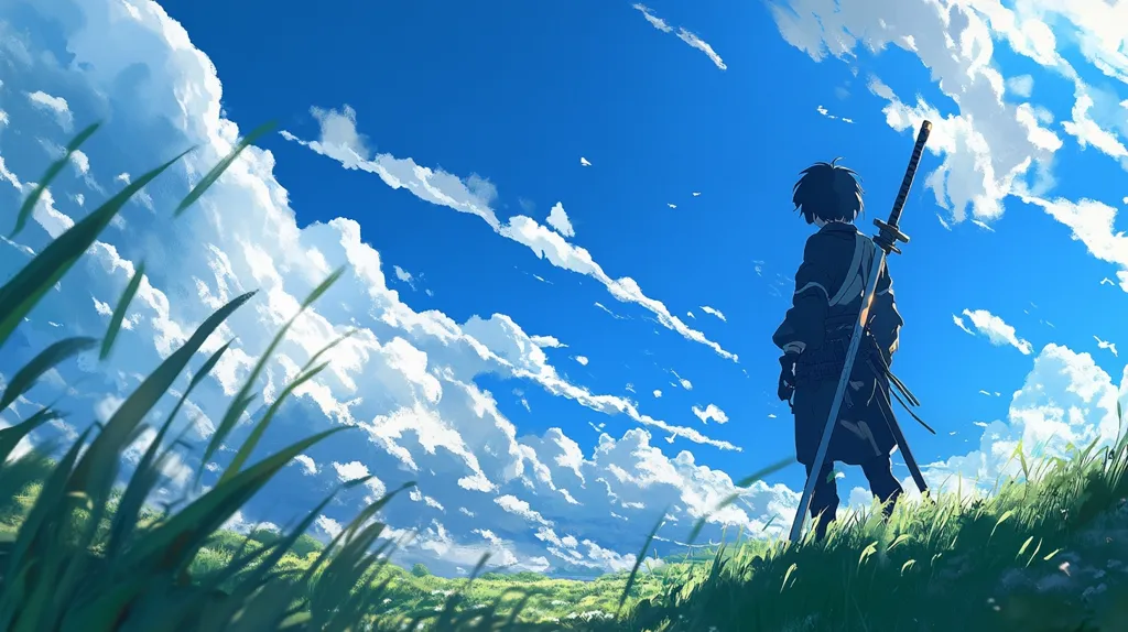 The image depicts an anime-style character, a young person with short dark hair, standing in a grassy field with their back to the viewer. They carry a katana, strapped to their back. The sky is a vibrant blue, filled with fluffy white clouds. The overall style is painterly and evokes a serene, possibly melancholic mood. The scene suggests a journey's end or a moment of contemplation under a bright, expansive sky. The tall grass in the foreground adds depth to the peaceful landscape.