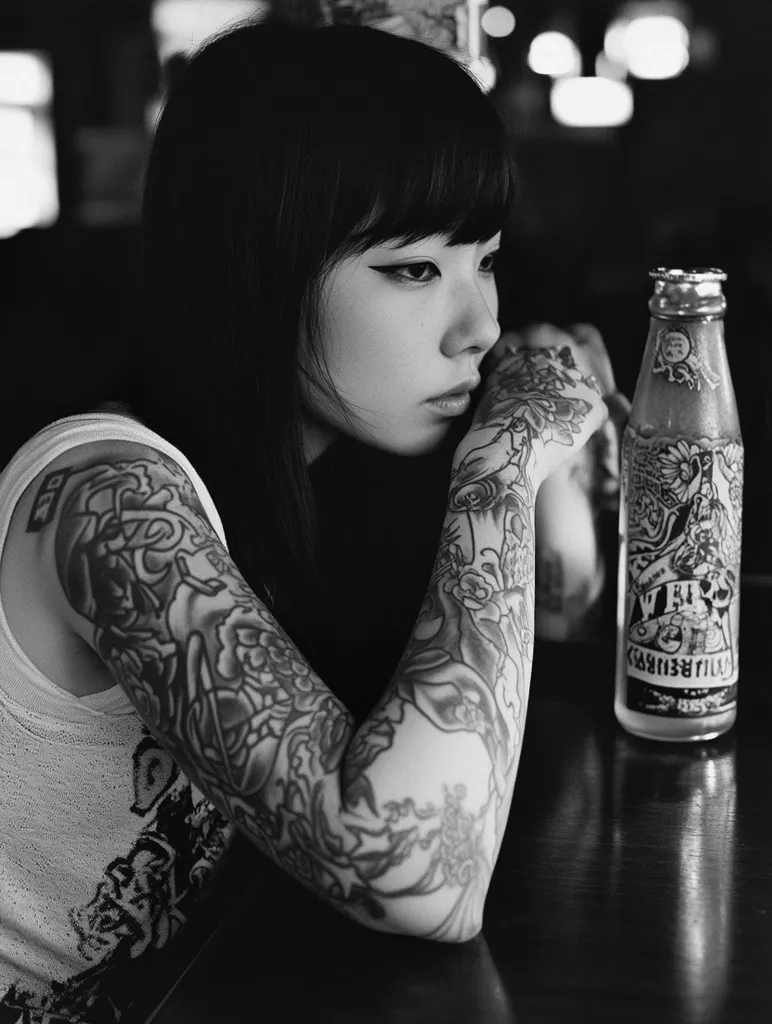 Here's a description of the image:

A black and white, close-up photograph captures a young woman with dark, straight hair that partially obscures her face. Her gaze is directed to the right, with a thoughtful expression.  She's noticeably adorned with intricate, full-sleeve tattoos in a traditional style, featuring floral and possibly mythical designs, which are the most prominent feature.  Her attire is a simple, light-colored tank top.  A glass bottle, seemingly containing a beverage, sits on a dark surface beside her. The overall mood is somber and contemplative, creating a striking contrast between the woman's delicate features and bold body art.