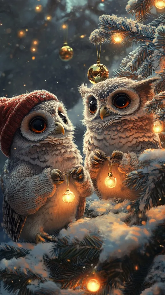 Here's a description of the image:

Two adorable, cartoonish owls are nestled amongst a snow-covered Christmas tree. One owl wears a cozy red knit hat. Both owls delicately hold glowing ornaments, adding a magical, heartwarming touch.  The scene is beautifully rendered, with soft lighting illuminating the snowy branches and twinkling lights adorning the tree, creating a festive and whimsical winter wonderland. The overall style is digital art, emphasizing cuteness and charm.