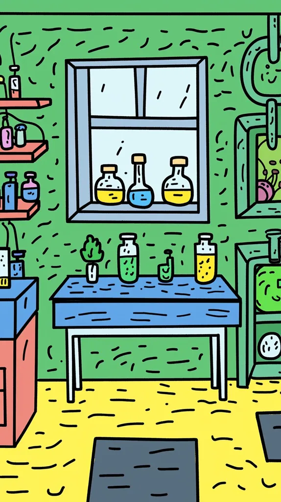Here's a description of the image:

The illustration depicts a cartoon-style laboratory or science room.  The walls are a vibrant green with scribbled lines, giving a textured feel.  A window displays three colored glass flasks. A simple lab table holds additional flasks and a small plant. Shelves contain various bottles and tubes. The floor is a bright yellow with sketchy lines.  The overall style is playful and childlike, with bold outlines and bright, flat colors.  An additional piece of equipment is visible in the background, suggesting a larger lab space.