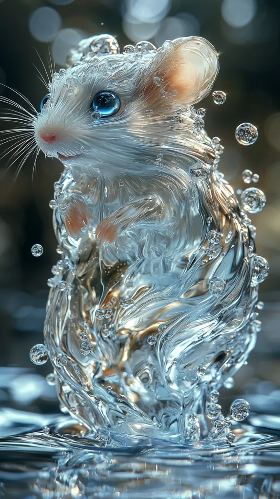 A digitally created image showcases a white mouse seemingly emerging from, or submerged in, a swirling mass of water. The mouse has striking blue eyes and is rendered with exceptional detail. The water is depicted realistically, with glistening droplets and ripples reflecting light. The overall effect is ethereal and captivating, suggesting a magical or fantastical scene.  The background is blurred, drawing focus to the central figure of the mouse within the water.