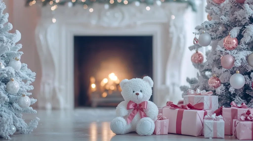 A cozy Christmas scene unfolds before a softly lit fireplace.  A white teddy bear with a pink bow sits amidst blush-pink wrapped presents.  Two snow-dusted Christmas trees flank the fireplace, one adorned with white ornaments, the other with a mix of white and rose-gold decorations. The overall aesthetic is soft, romantic, and festive, evoking a feeling of warmth and holiday cheer.