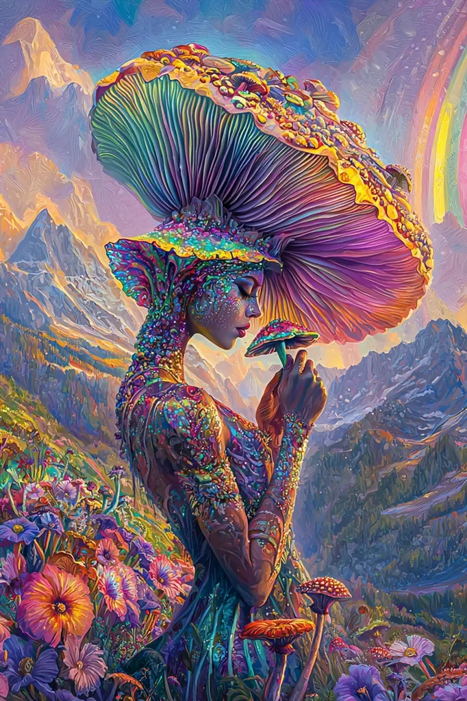 A vibrant, surreal painting depicts a woman adorned with iridescent, glittering textures, resembling a mushroom spirit. Her form is partially obscured by a colossal, multicolored mushroom cap, which serves as her headdress.  She gently holds a smaller mushroom, her gaze serene and contemplative. The background showcases a breathtaking, colorful landscape of mountains and a field of luminous flowers, all rendered in a style that blends realism with fantasy.  The overall effect is one of magical realism and mystical beauty.