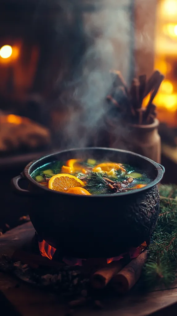 Here is a description of the image:

A rustic, dark-colored cauldron sits atop a small fire, steaming fragrantly.  Inside, a simmering concoction of oranges, herbs, and spices is visible.  The scene is dimly lit, with warm, blurred lights in the background suggesting a cozy, possibly winter, setting.  Cinnamon sticks are scattered around the base of the pot, and a sprig of evergreen adds to the festive ambiance. The overall mood is warm, inviting, and evocative of a traditional herbal brew or spiced cider.