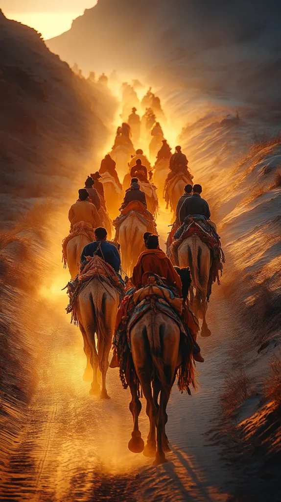 A long caravan of camels, laden with riders, traverses a sandy path at sunset.  The warm, golden light bathes the scene, creating a hazy, almost ethereal atmosphere. Dust kicked up by the camels' hooves hangs in the air, adding to the mystical feel. The silhouettes of the riders are partially obscured by the light and distance, adding to the sense of journey and mystery. The overall composition suggests a long and arduous, yet perhaps spiritual, trek across a desolate landscape.