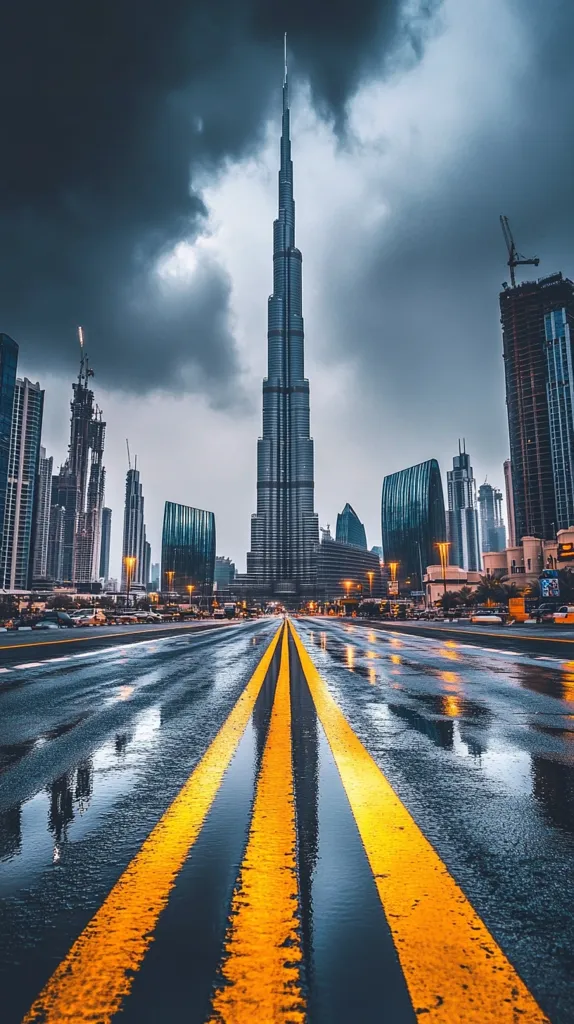 Here's a description of the image:

The image showcases a dramatic cityscape, likely Dubai, dominated by the Burj Khalifa piercing a stormy sky.  Rain slicks the street, reflecting the city lights and the towering skyscraper.  Double yellow lines streak the wet asphalt, leading the eye toward the iconic building.  Surrounding skyscrapers, some under construction, are visible, adding to the urban density.  The overall mood is moody and atmospheric, with the dark clouds contrasting the vibrant city lights.