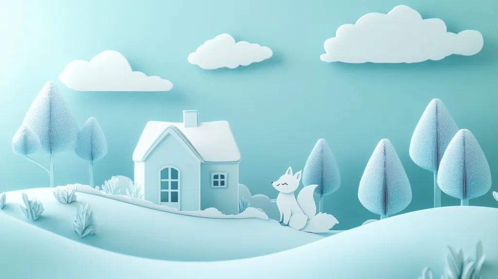 Here's a description of the image:

The image is a whimsical, paper-craft style scene depicting a serene winter landscape.  A small, light blue house sits on a gently rolling hill, nestled amongst stylized paper trees and bushes.  A cute, paper fox sits calmly near the house.  Fluffy, white paper clouds float in a pale blue sky. The overall color palette is soft and calming, creating a peaceful and idyllic atmosphere.  The texture appears smooth, suggesting a meticulously crafted paper design.