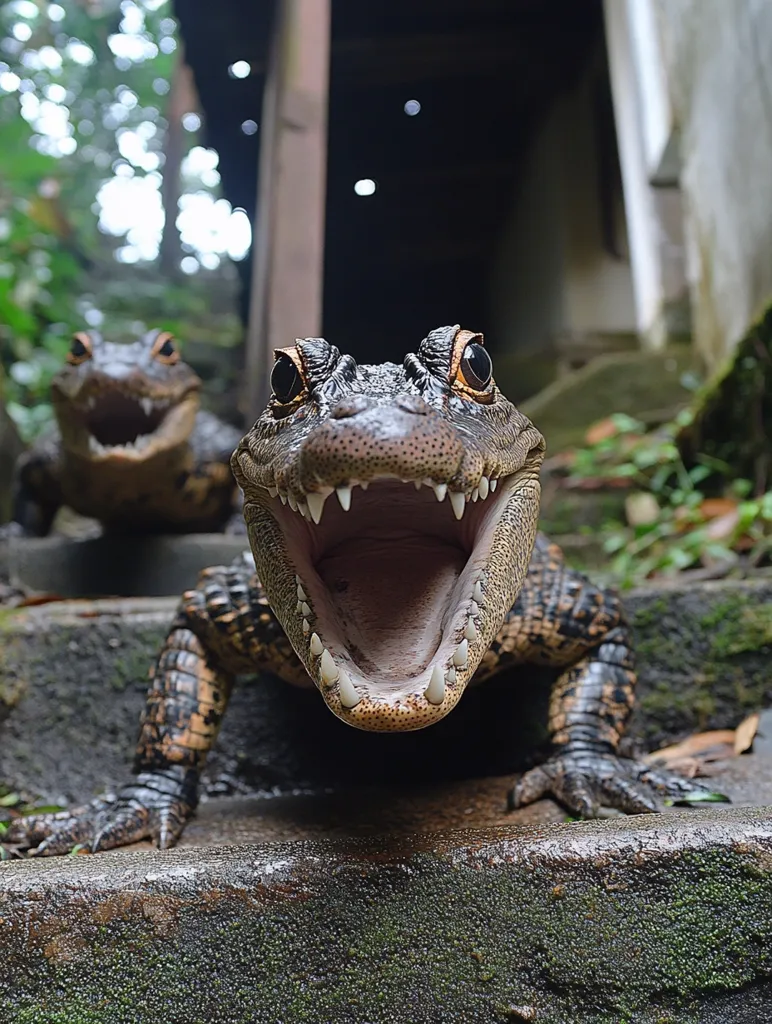 Here's a description of the image:

Close-up view of a young crocodile with its mouth wide open, directly facing the camera.  Its skin is dark with lighter markings, and its teeth are clearly visible. The crocodile is on some stone steps, and another, slightly blurred, crocodile is visible behind it, also on the steps. The background is out of focus but shows a dark, possibly stone or wooden, structure and lush green vegetation. The overall impression is one of a slightly menacing but also curious encounter with the reptiles.