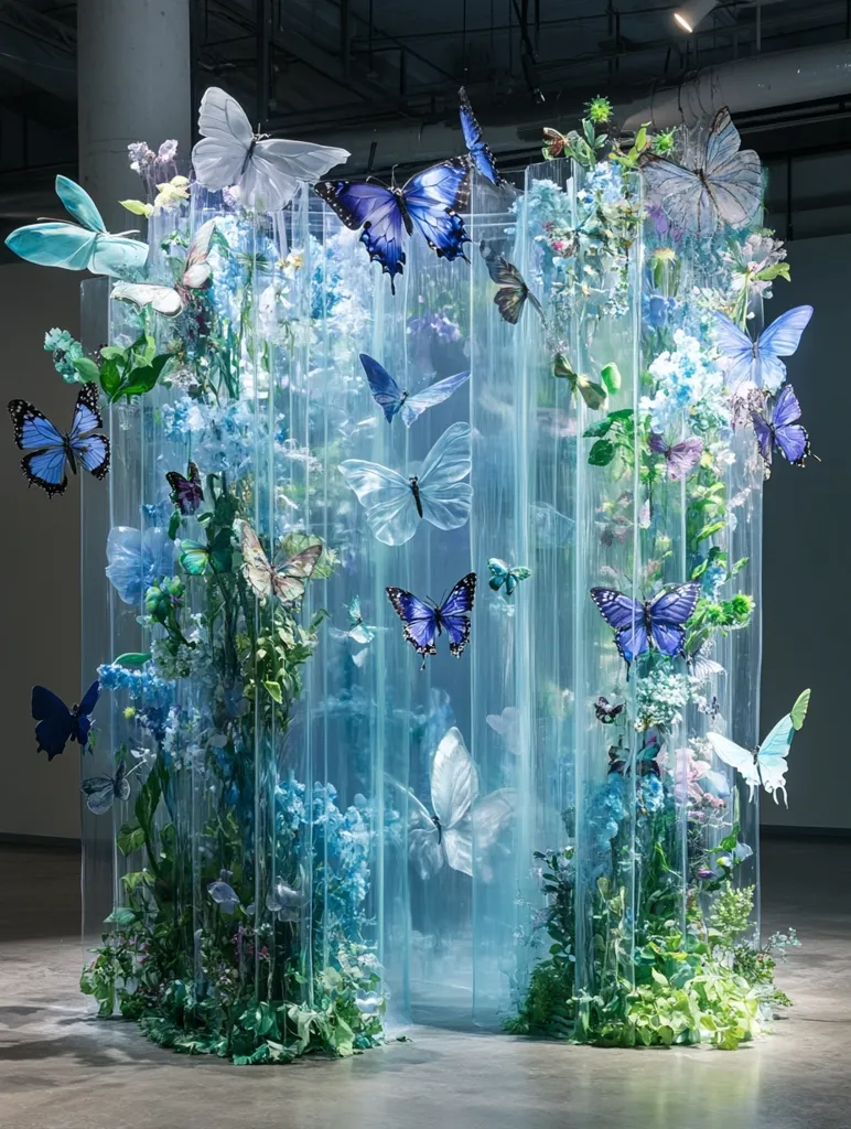 A mesmerizing art installation features a translucent, cube-like structure filled with vibrant blue and green flora.  Numerous delicate butterflies, in shades of blue and white, are artfully arranged amongst the flowers, appearing to float within the crystalline enclosure. The piece evokes a sense of ethereal beauty and tranquility, a whimsical garden seemingly preserved in time.  The smooth, reflective floor enhances the overall enchanting effect.