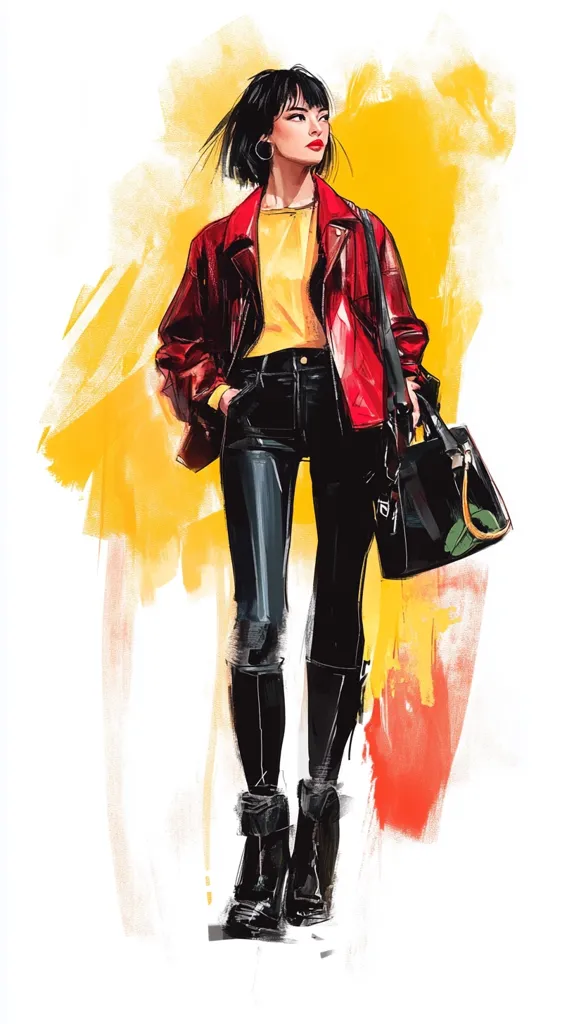 Here's a description of the image:

The illustration showcases a stylish young woman, her bobbed black hair framing a face with striking red lipstick. She’s dressed in a vibrant red leather jacket over a mustard yellow top, paired with black leather pants and chunky black boots. A black handbag hangs from her shoulder. The backdrop is a dynamic splash of yellow and orange hues, creating a sense of movement and energy. The overall style is a blend of fashion illustration and painterly expressionism.