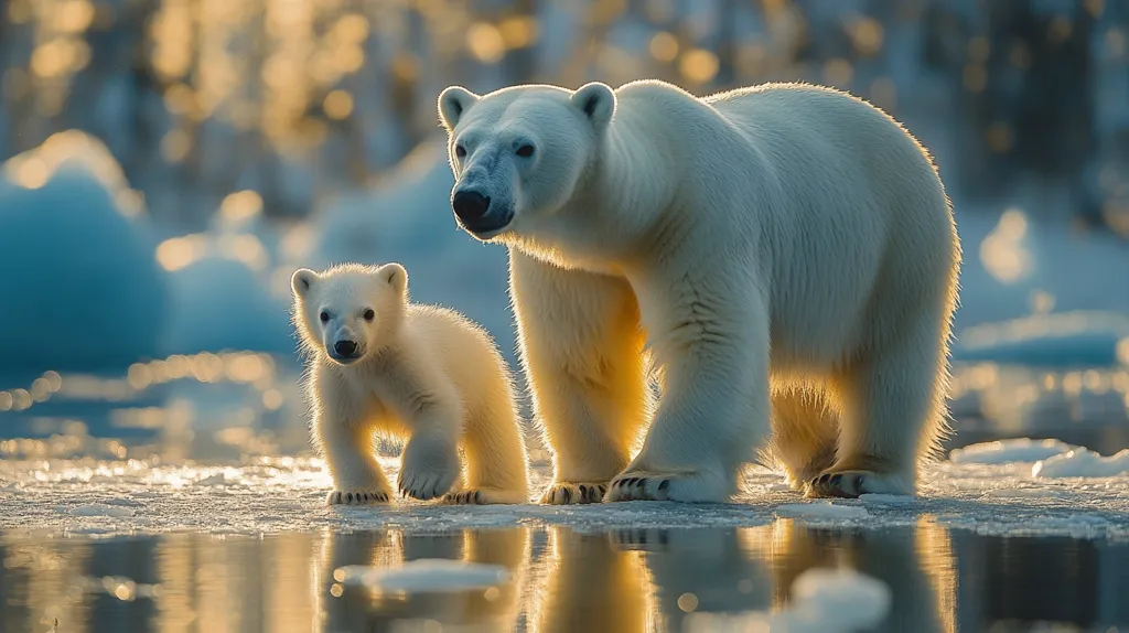 Here's a description of the image:

A breathtaking image captures a polar bear and her cub on a pristine expanse of ice.  The setting sun casts a warm, golden light on the bears' thick, white fur, highlighting their textures. The adult bear, larger and more imposing, stands slightly behind her cub, who looks curiously towards the viewer. The calm water reflects the bears and the surrounding icy landscape, creating a serene and beautiful arctic scene. The background is softly blurred, drawing attention to the two polar bears in the foreground.