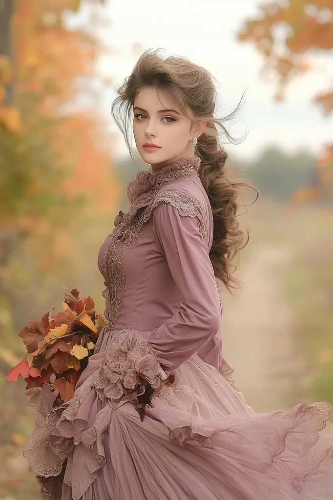 A young woman with long brown hair styled in a romantic updo stands in a rustic autumnal setting.  She wears a flowing mauve gown adorned with delicate lace detailing at the bodice and ruffled skirt.  The dress billows gently, creating movement.  She holds a bouquet of autumn leaves, adding to the picturesque scene. Her expression is serene and her gaze is directed toward the viewer. The overall image evokes a sense of ethereal beauty and classic elegance.