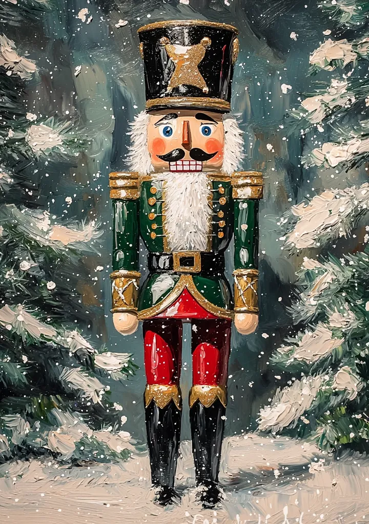 A painted image depicts a nutcracker standing in a snowy winter scene. The nutcracker is dressed in a green jacket, red pants, and a black hat with gold accents.  He has a white beard and mustache.  The background showcases snow-covered evergreen trees, painted with visible brushstrokes, creating a textured, whimsical effect.  The overall style is reminiscent of a Christmas card or children's book illustration.  Snow falls gently around the nutcracker, adding to the festive atmosphere.