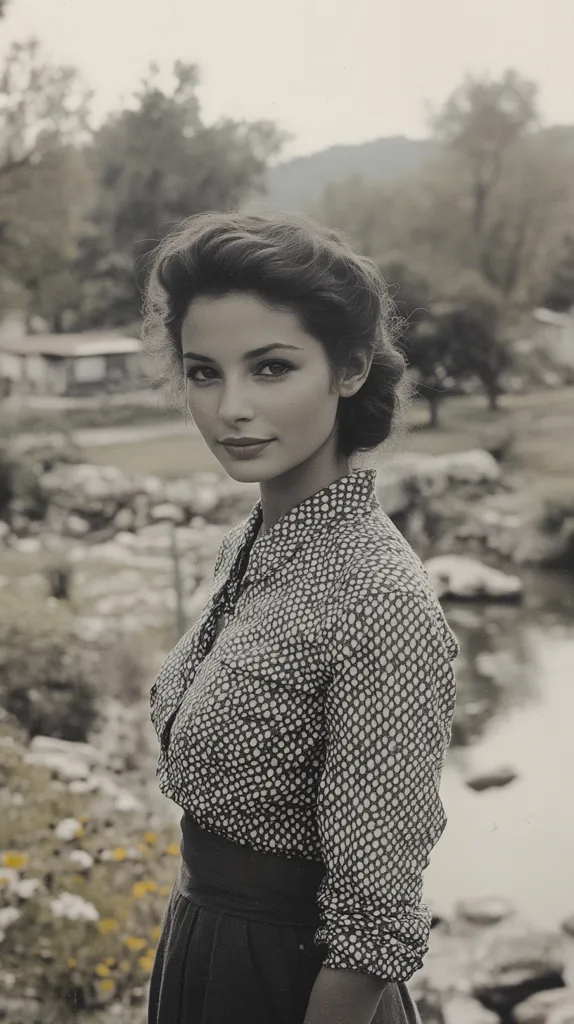 A black and white photograph captures a young woman, her dark hair styled in a sophisticated updo. She's dressed in a vintage-inspired polka-dot shirt and a dark skirt, creating a classic and elegant look.  Her expression is soft and subtly alluring as she gazes directly at the camera. The background is softly blurred, featuring a tranquil landscape of trees and water, enhancing the serene mood of the portrait.  The image evokes a sense of timeless beauty and grace.