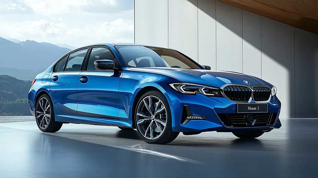 A vibrant blue BMW 3 Series sedan is showcased in a modern, minimalist setting.  The car is parked on a polished floor, with a backdrop of a clean, light-colored wall and a blurred mountainous landscape visible through a large window.  The image highlights the car's sleek design and metallic blue paint, emphasizing its luxury and sporty features. The "Mодель 3" (Model 3) badge is visible on the front grill.  The overall composition is clean and professional, typical of automotive advertising.