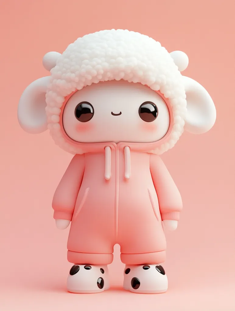 Here's a description of the image:

The image shows a cute, 3D-rendered character resembling a lamb.  It has a fluffy white head resembling a lamb's fleece, large, expressive eyes, and rosy cheeks.  The lamb wears a light pink, hooded jumpsuit and panda-print slippers. The overall style is soft, pastel, and undeniably adorable, suggestive of children's toys or digital art. The background is a solid, pale pink, enhancing the character's soft appearance. The character is positioned centrally against the backdrop.